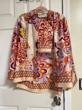 Zara Multicolor Retro Floral Print Scarf-Detail Blazer